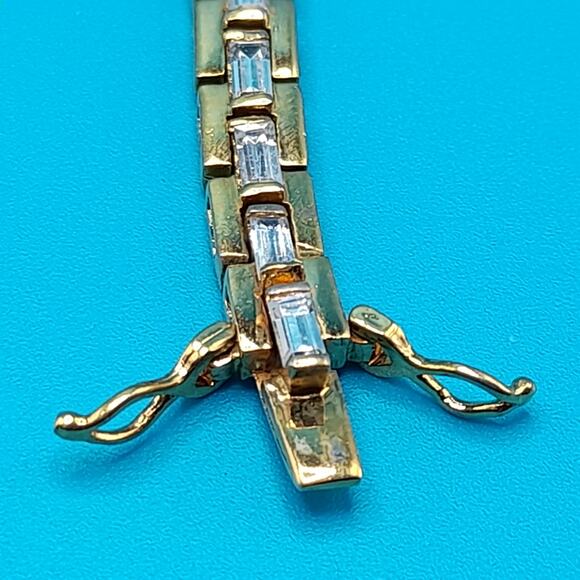 Vintage Clear Baguette Rhinestone Tennis Bracelet, Gold Plated, 7 Inches - Picture 7 of 10